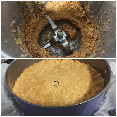 Se vería la mezcla de las galleta molida y la base de la tarta preparada y extendida en la base del molde